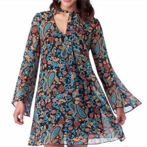 Beige By ECI Paisley Chiffon Retro Shift Dress Size 8 NEW